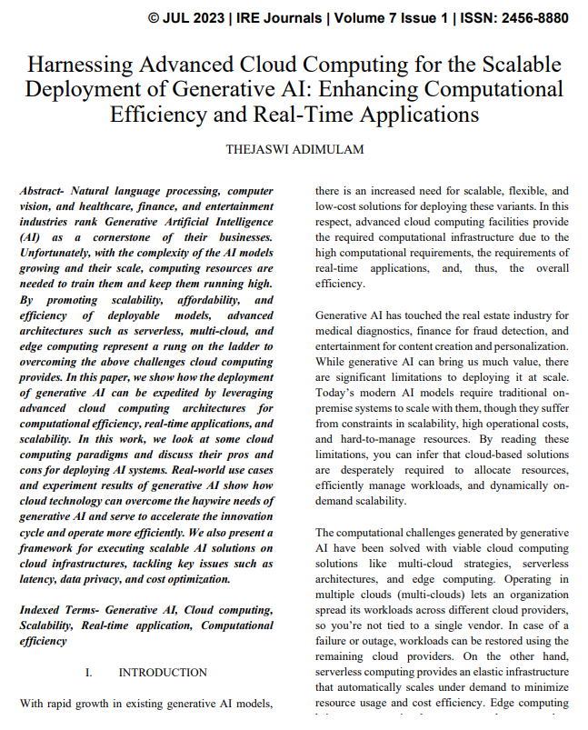 Article: Harnessing Advanced Cloud Computing for the Scalable Deployment of Generative AI: Enhancing Computational Efficiency and Real-Time Applications