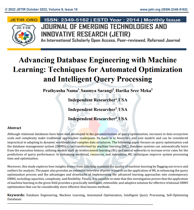 Article: Advancing Database Engineering with Machine Learning: Techniques for Automated Optimization and Intelligent Query Processing