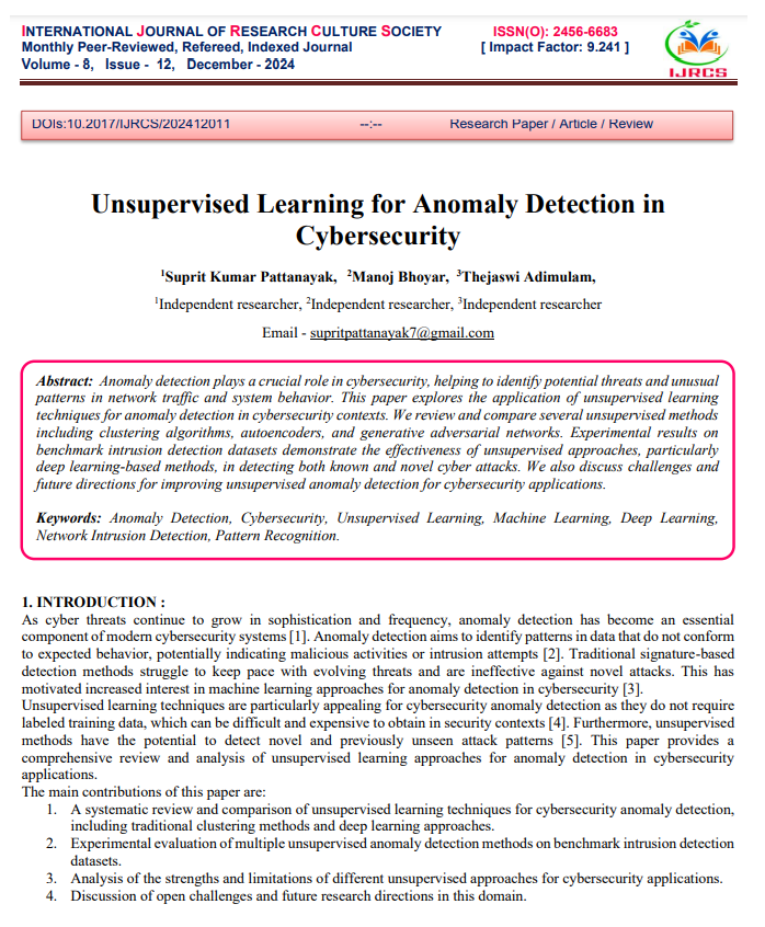 Article: Unsupervised Learning for Anomaly Detection in Cybersecurity