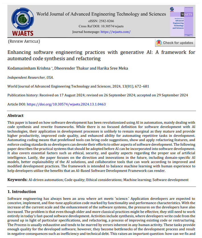 Article: Enhancing software engineering practices with generative AI: A framework for automated code synthesis and refactoring