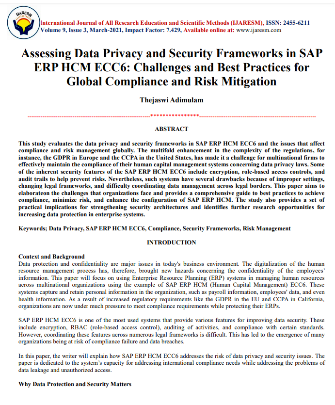 Article: Assessing Data Privacy and Security Frameworks in SAP ERP HCM ECC6: Challenges and Best Practices for Global Compliance and Risk Mitigation