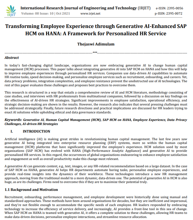 Article: Transforming Employee Experience through Generative AI-Enhanced SAP HCM on HANA: A Framework for Personalized HR Service