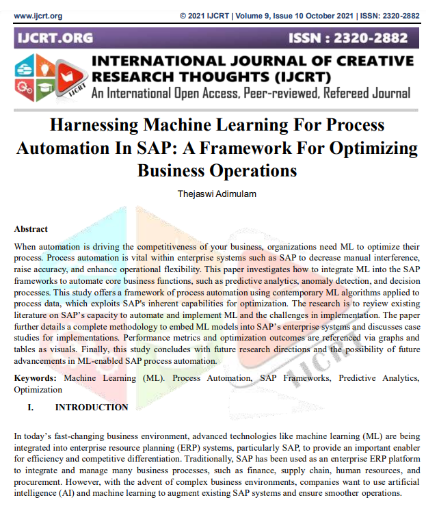 Article: Harnessing Machine Learning For Process Automation In SAP: A Framework For Optimizing Business Operations