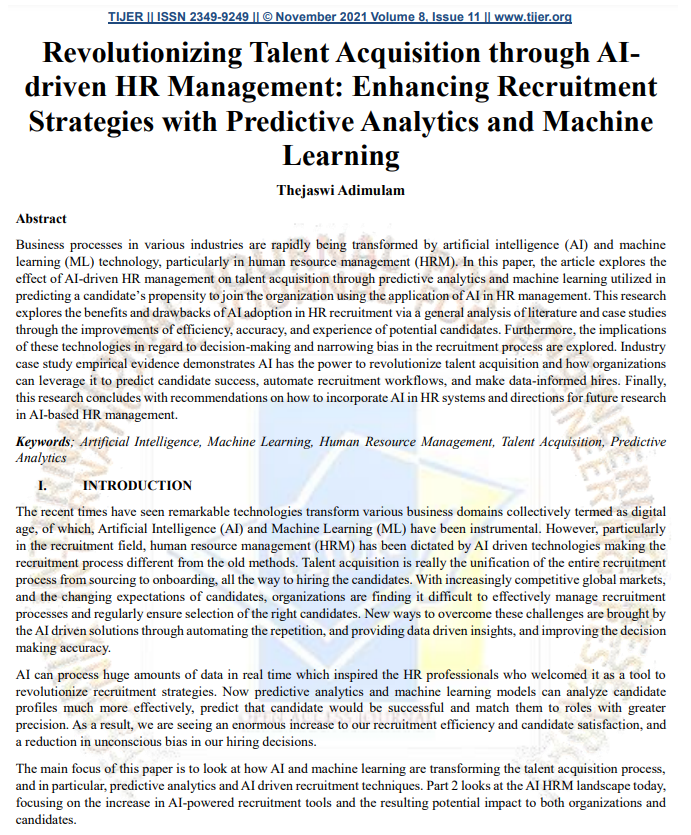 Article: Revolutionizing Talent Acquisition through AIdriven HR Management: Enhancing Recruitment Strategies with Predictive Analytics and Machine Learning